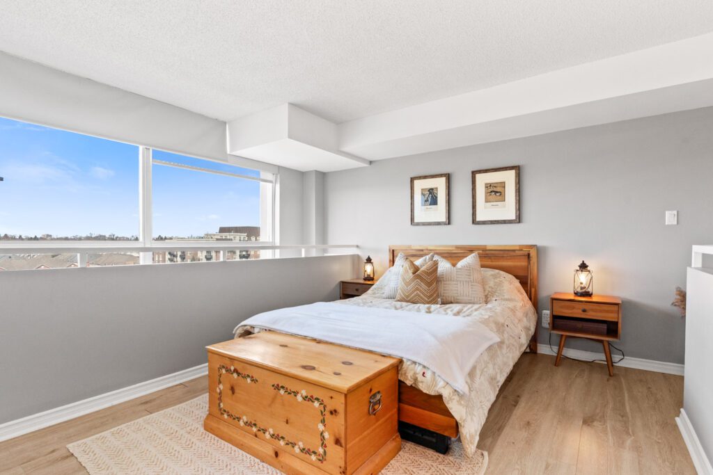 Bedroom at 200 Manitoba Street loft in Mimico