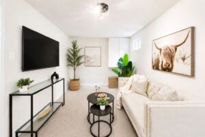 Finished lower level family room at 2108 Lakeshore Road West Oakville