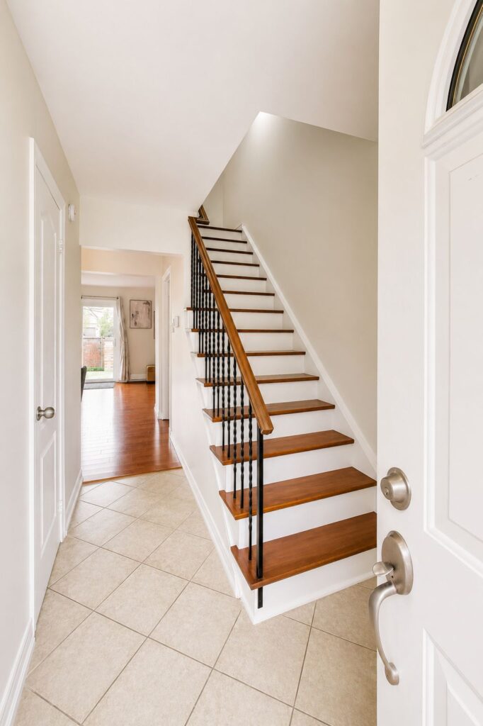Front foyer and staircase at 2108 Lakeshore Road West townhouse