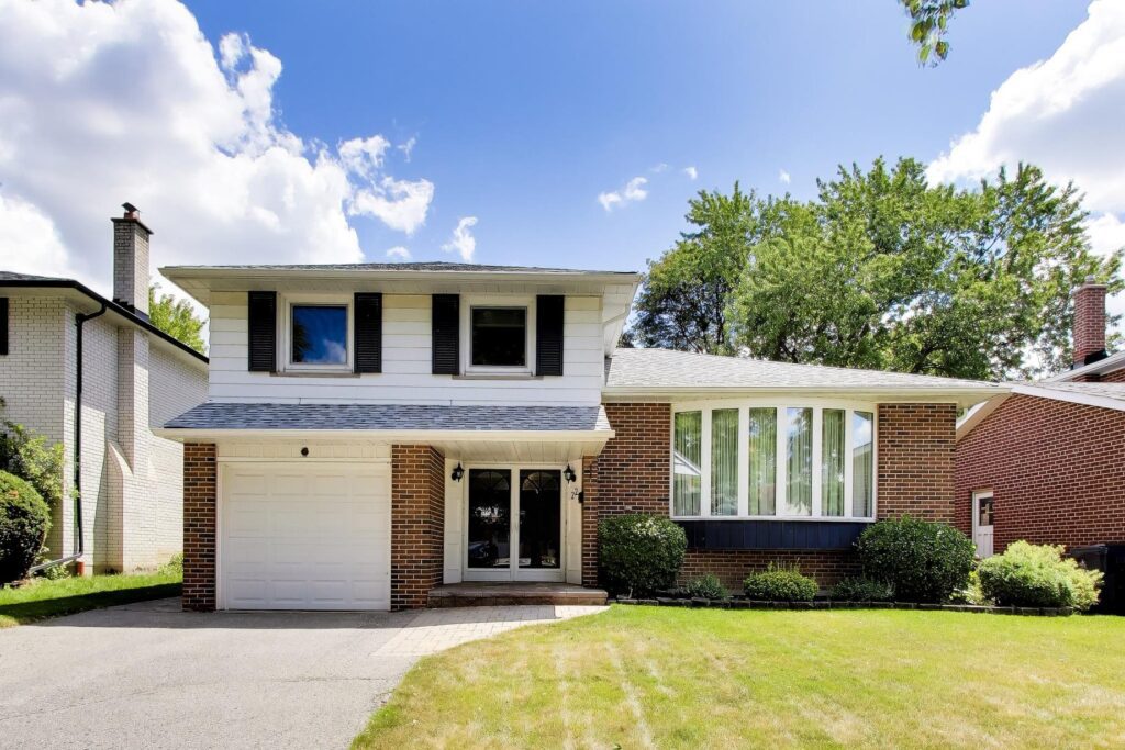 Front exterior of 22 Crossbow Crescent, a four-level side-split home in Pleasant View, Toronto