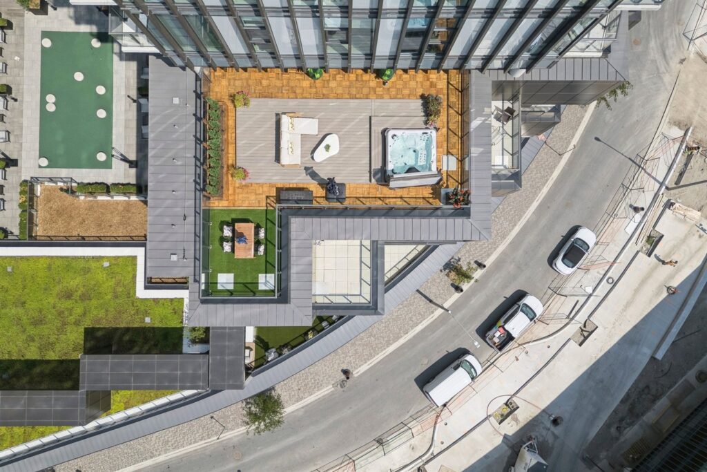 Aerial view of the private terrace at 10 Graphophone Grove #702, Toronto