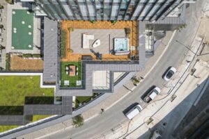 Aerial view of the private terrace at 10 Graphophone Grove #702, Toronto